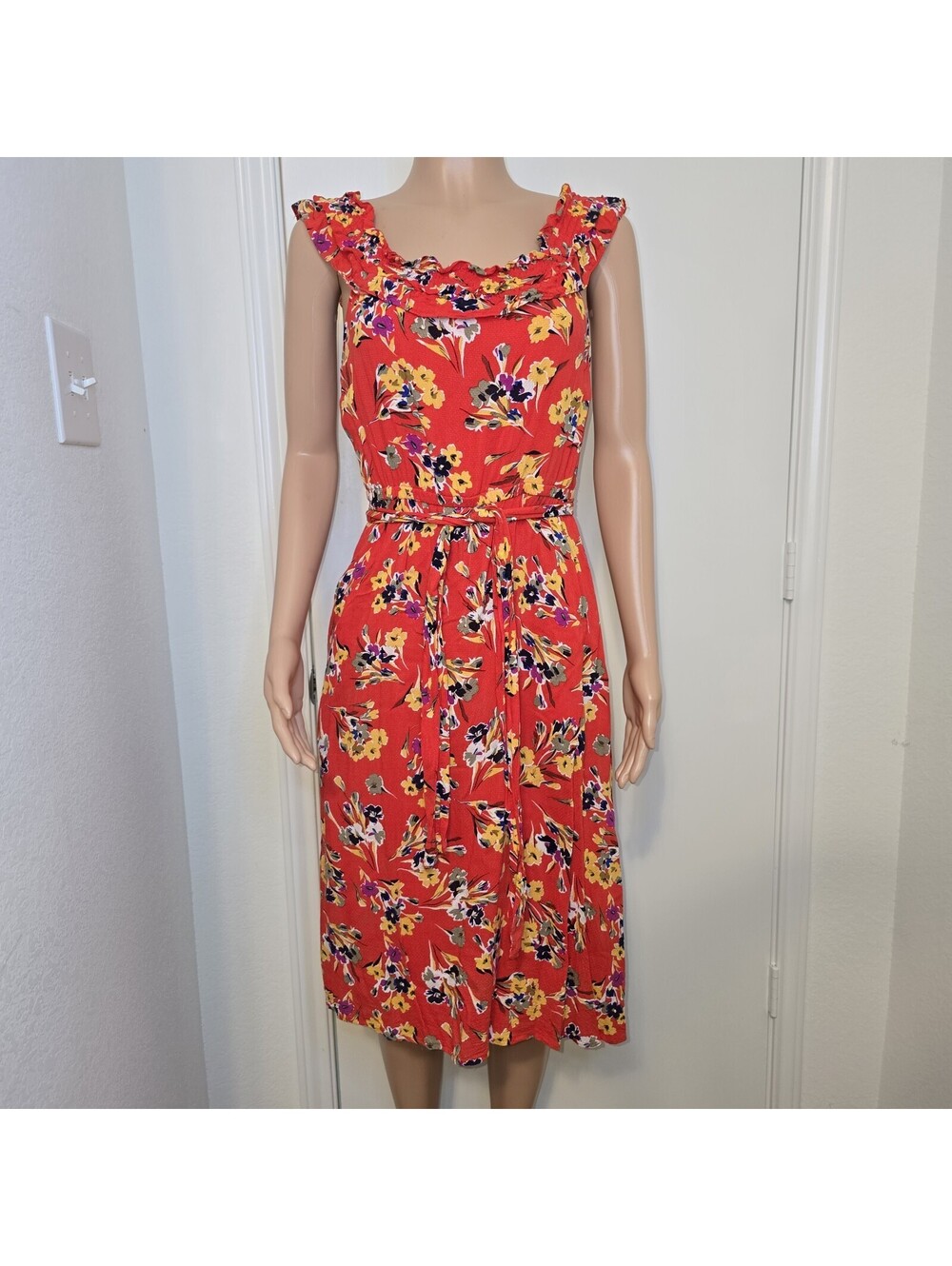 Anthropologie Conversations Dress Womens Small Red Floral Ruffle Midi US Sz 6